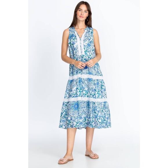 Johnny Was Dresses & Skirts - Johnny Was Aster Tiered Midi Dress White Blue Floral XL 100% Linen Boho